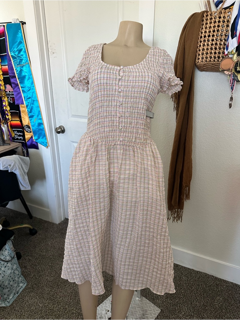 Anthropologie Pastel Plaid Smocked Midi Dress in Pink and Cream